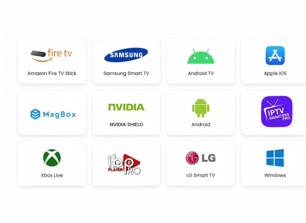 Devices supported by IPTV service, including Fire TV Stick, Samsung Smart TV, Android TV, Apple iOS, MagBox, NVIDIA Shield, Android, IPTV Smarters Pro, Xbox Live, IBO Player Pro, LG Smart TV, and Windows.