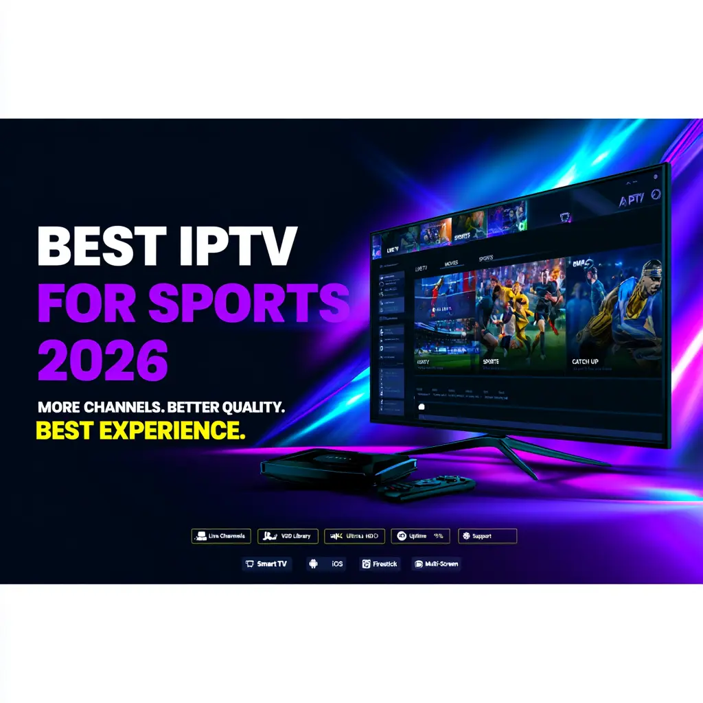 Best IPTV for sports 2026 banner showing smart TV with live sports streaming interface