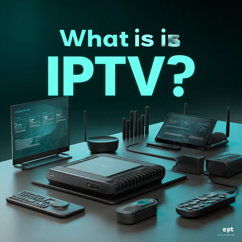 Hero image for a What Is IPTV? article showing a TV, router, IPTV box, screens, and remote controls in a dark teal tech setup