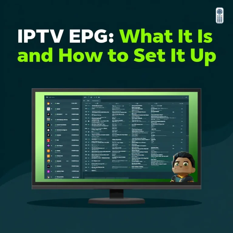 IPTV EPG guide displayed on a smart TV screen showing a full channel schedule grid