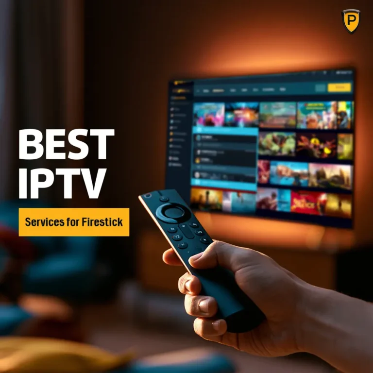 Best IPTV for Firestick services shown on smart TV screen with remote control in hand