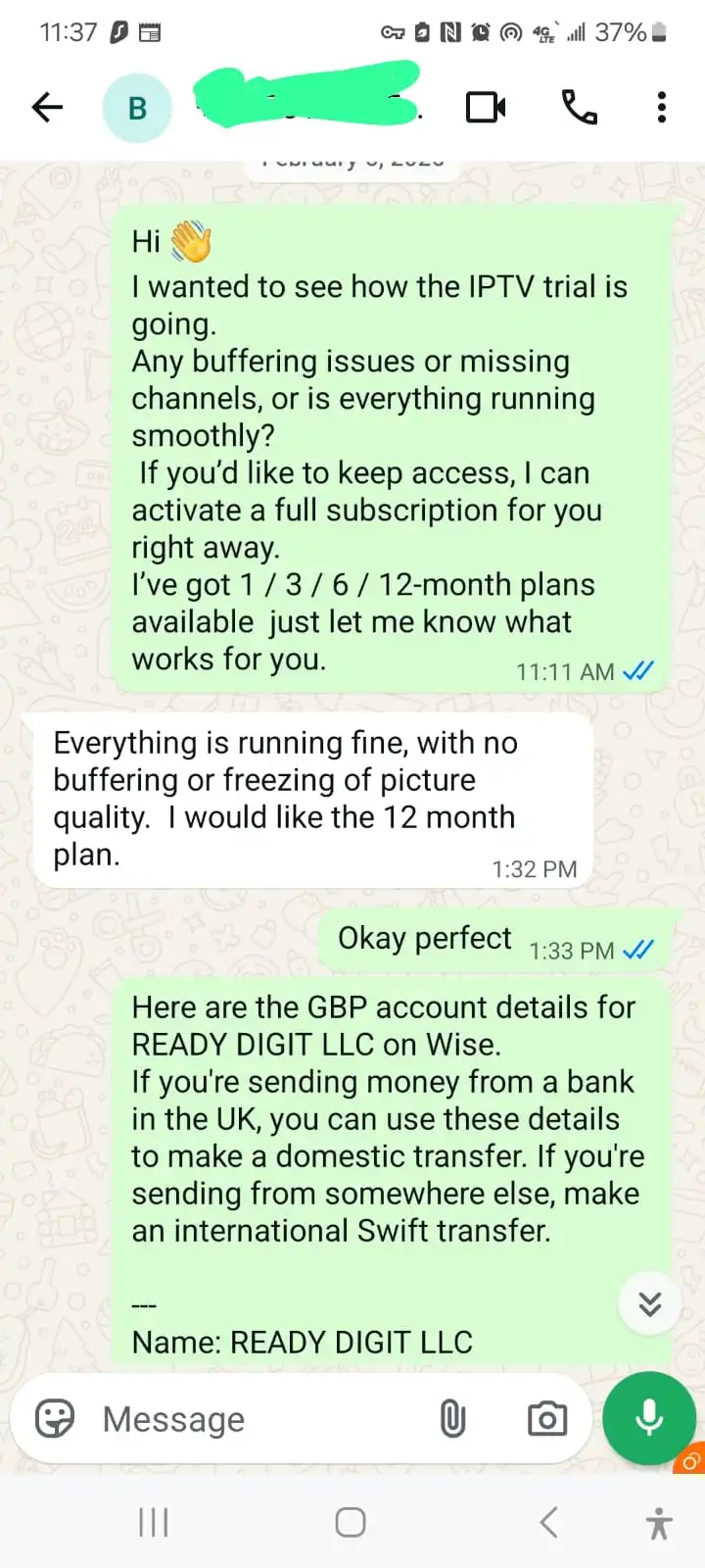 WhatsApp chat screenshot showing a customer confirming IPTV works smoothly with no buffering