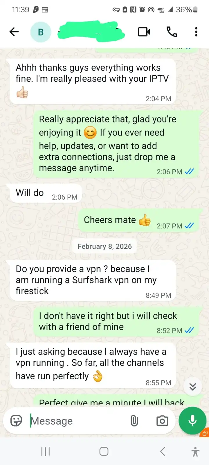 WhatsApp chat screenshot showing a customer confirming IPTV works smoothly with no buffering