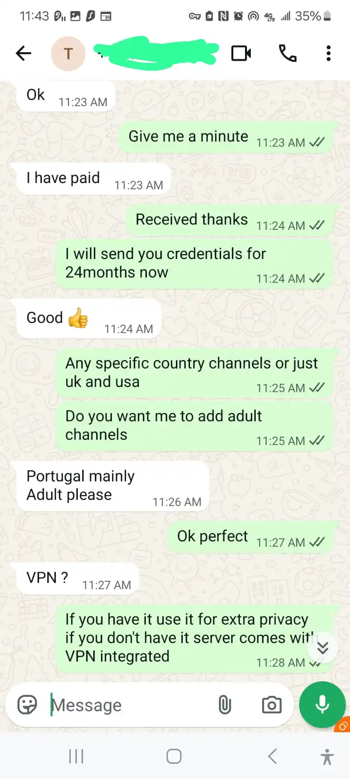 WhatsApp chat screenshot showing a customer confirming IPTV works smoothly with no buffering