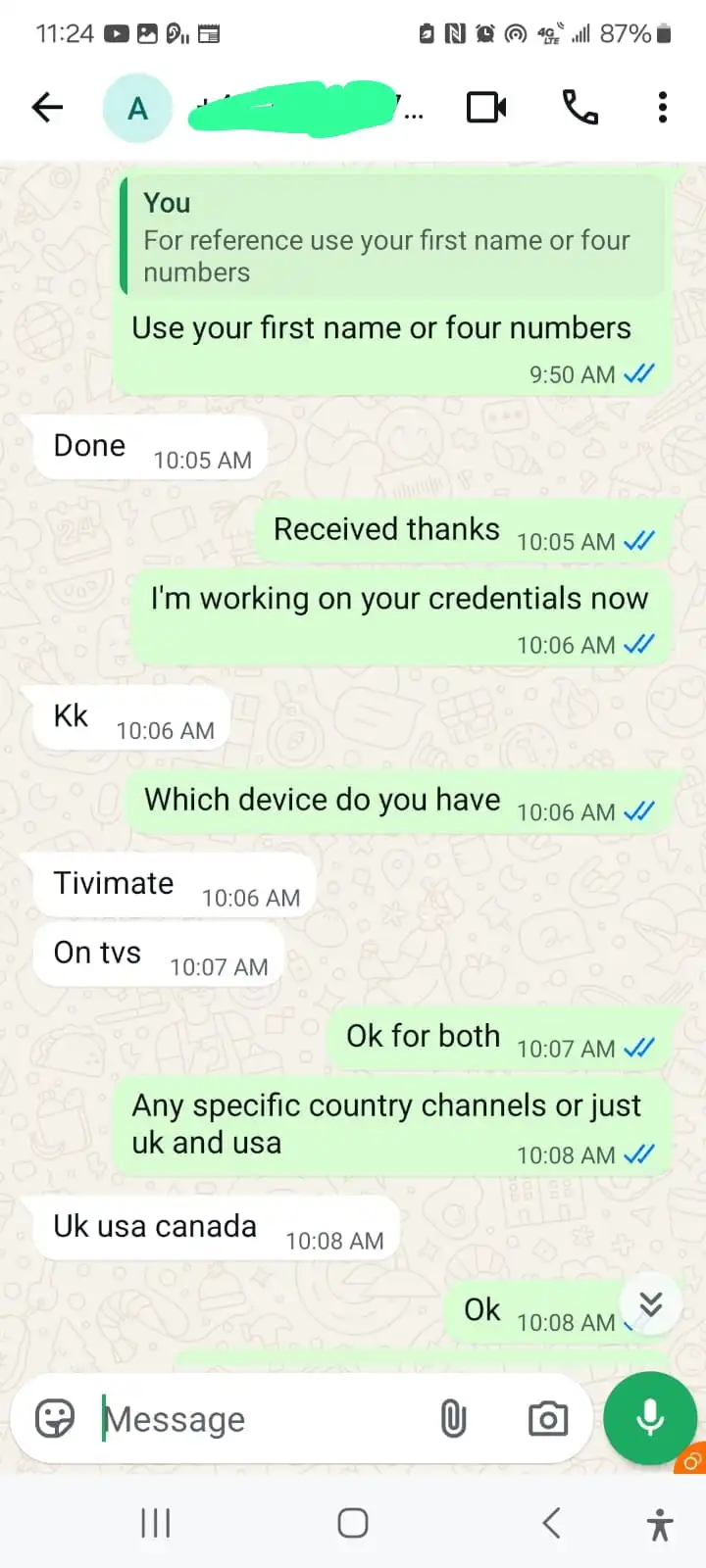 WhatsApp chat screenshot showing a customer confirming IPTV works smoothly with no buffering