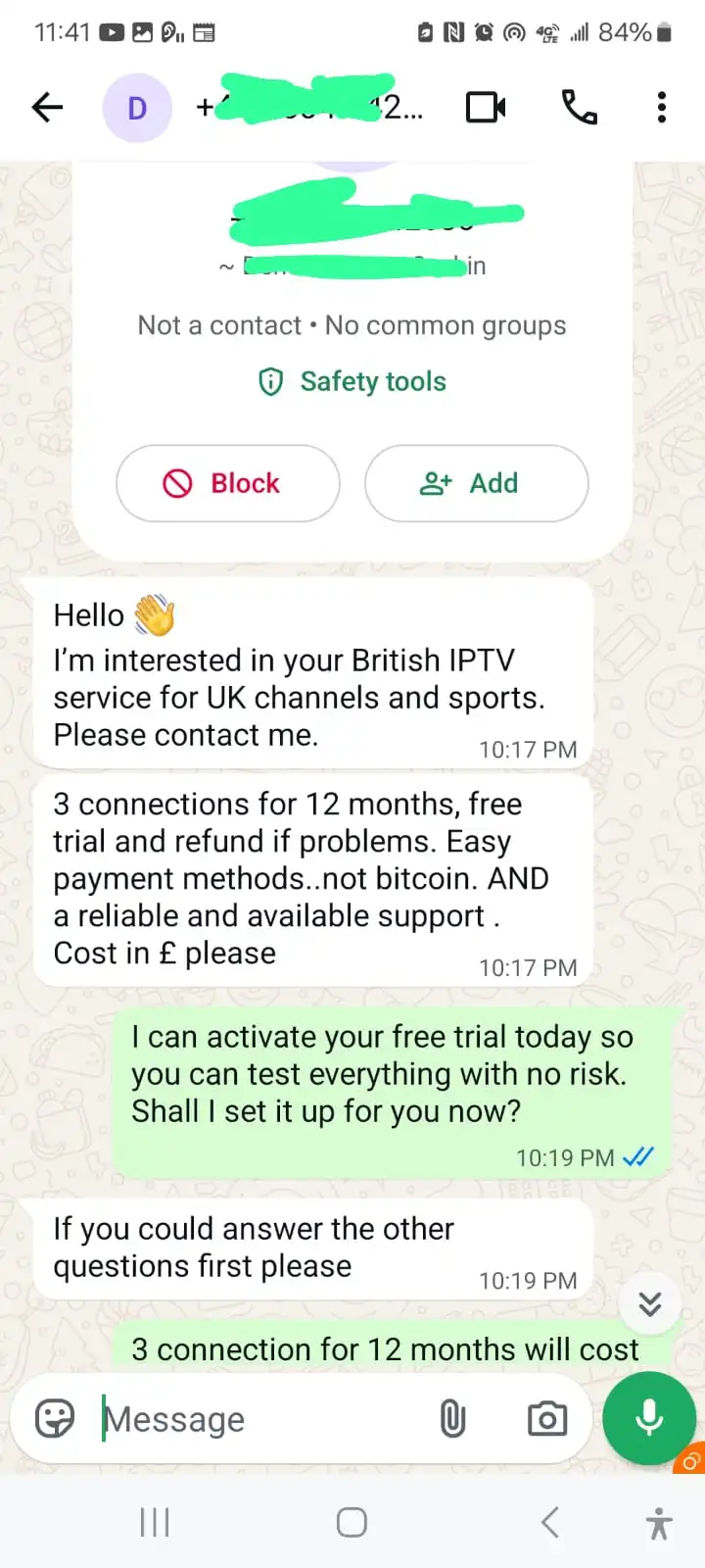 WhatsApp chat screenshot showing a customer confirming IPTV works smoothly with no buffering