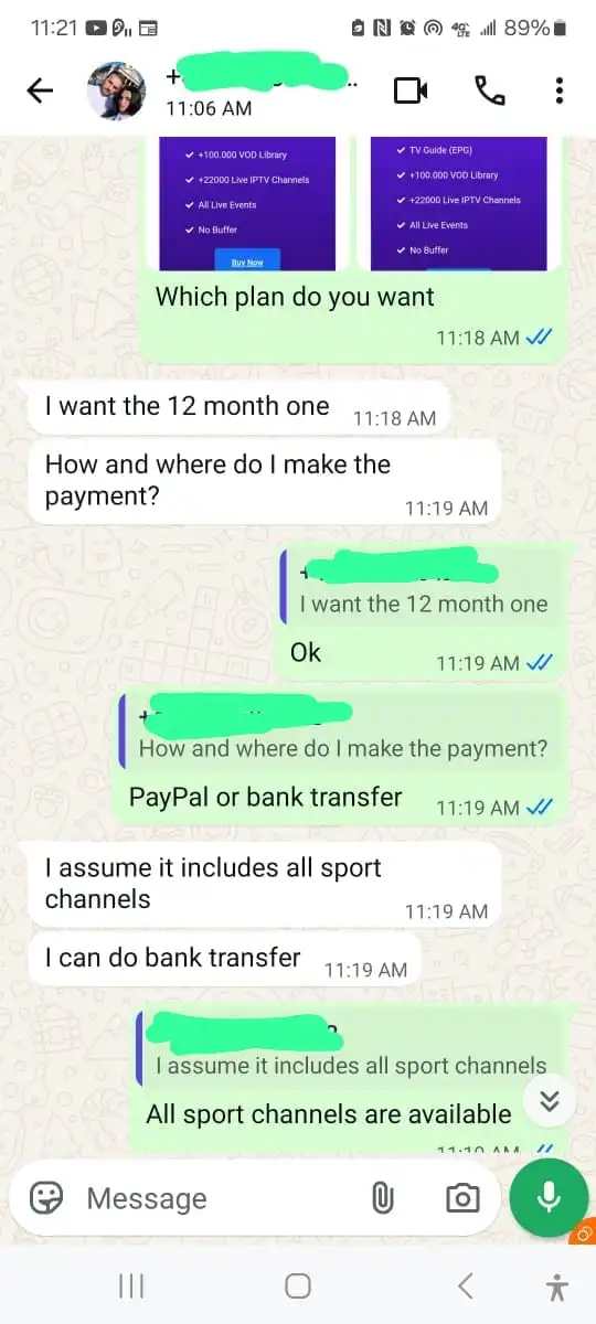 WhatsApp chat screenshot showing a customer confirming IPTV works smoothly with no buffering